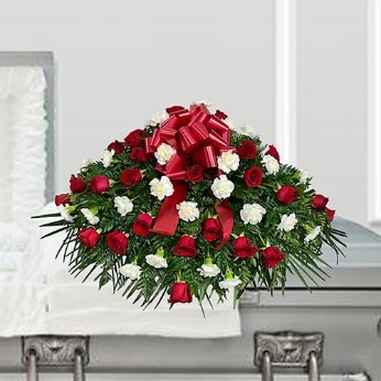 Red and white casket spray